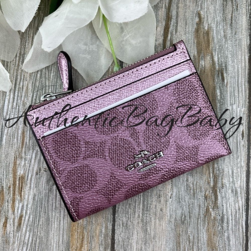 Coach Mini Skinny Keychain Id Case In Signature Canvas & Pink Metallic Wallet